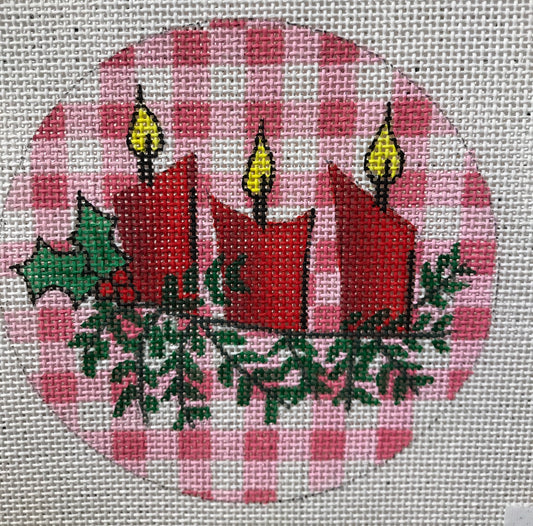 3 Candles with Holly on Red Gingham