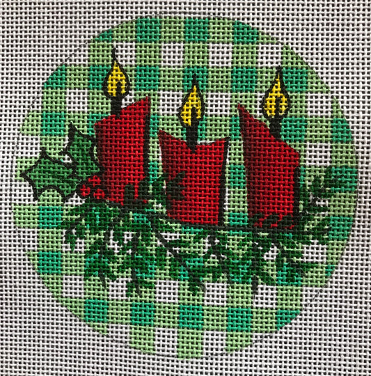 3 candles with holly on green gingham