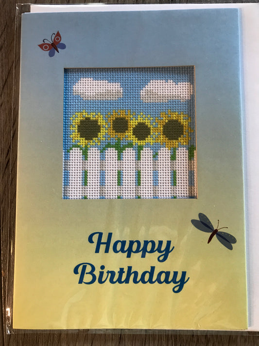 Needlepoint Card Happy Birthday Sunflower Fence