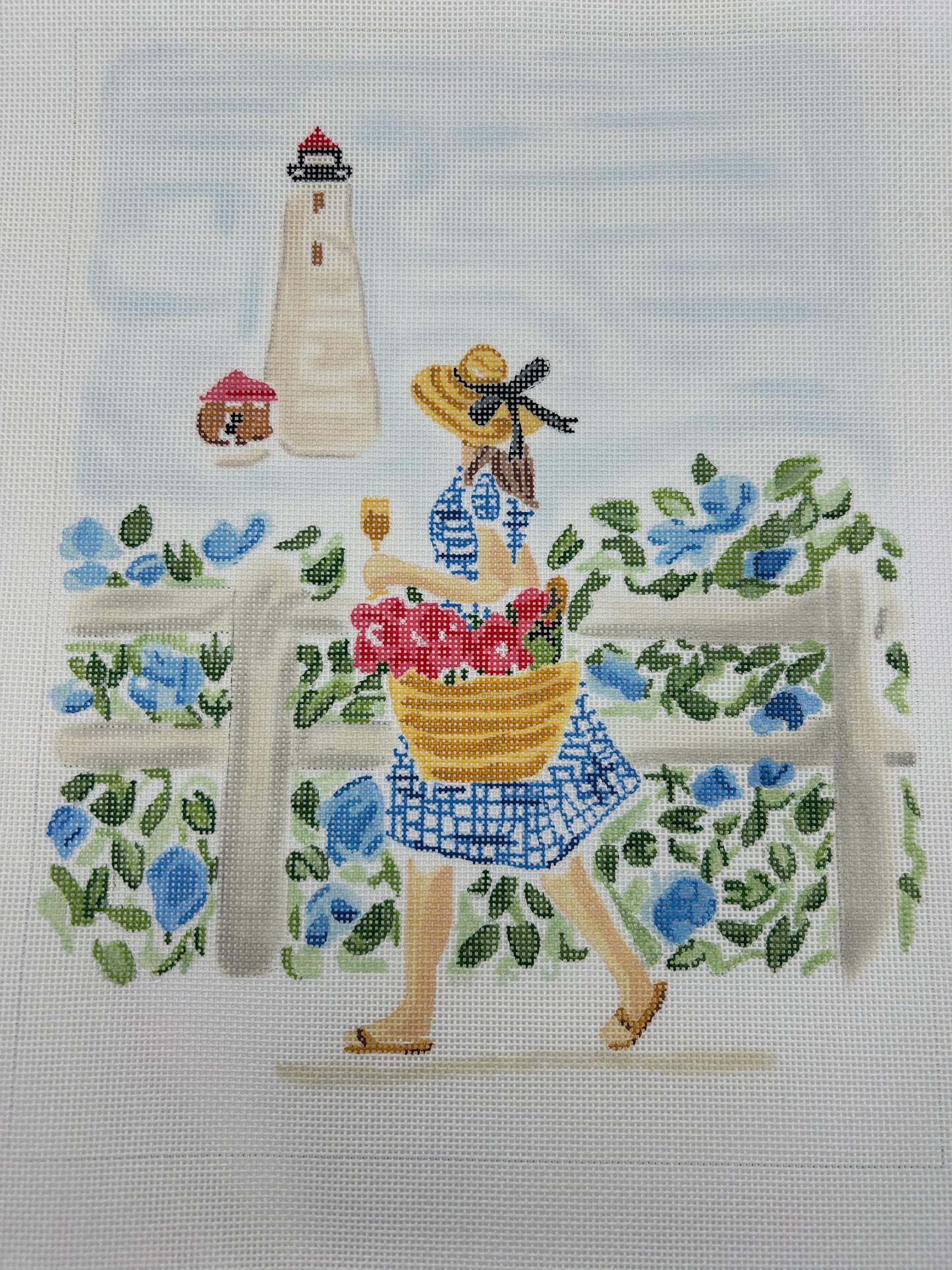 Summer Stroll - Blue Gingham Girl w/Champagne & Lighthouse