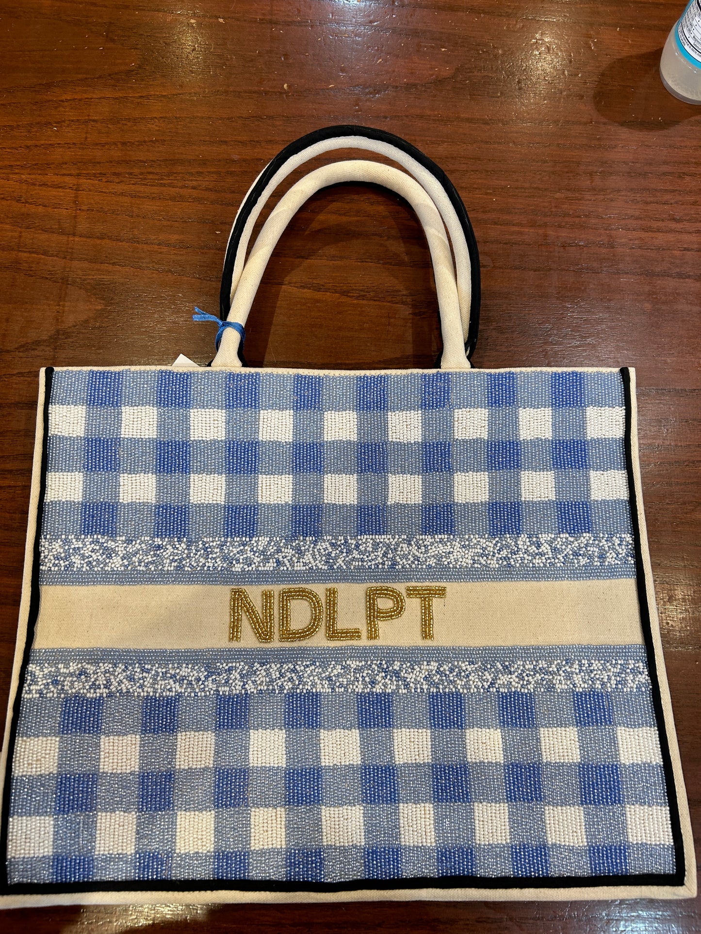 Beaded Madeleine Tote-Gingham Blue