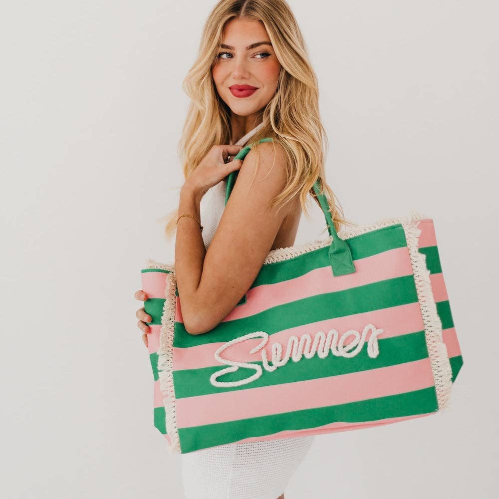 Striped Summer Beach Tote Bag: Bubblegum Pink / Emerald