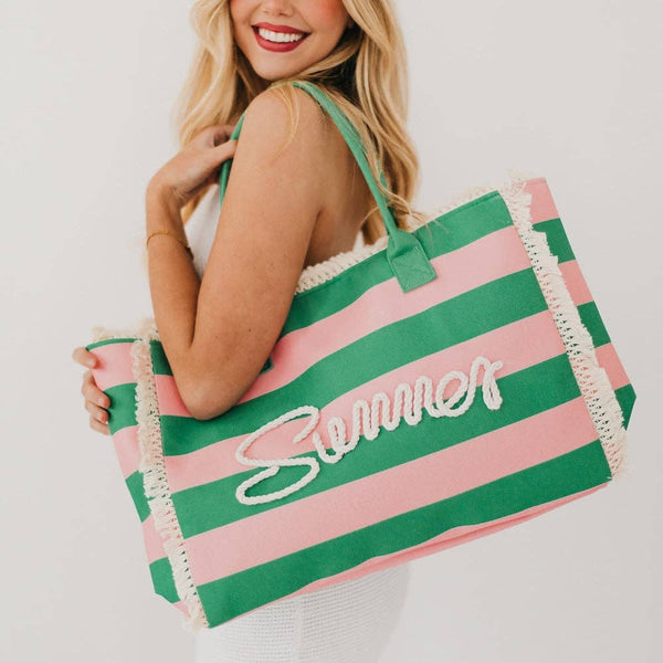 Striped Summer Beach Tote Bag: Bubblegum Pink / Emerald