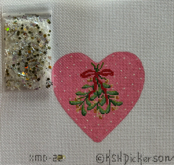 Heart Mini w/clear dome/confetti - Mistletoe w/red ribbon