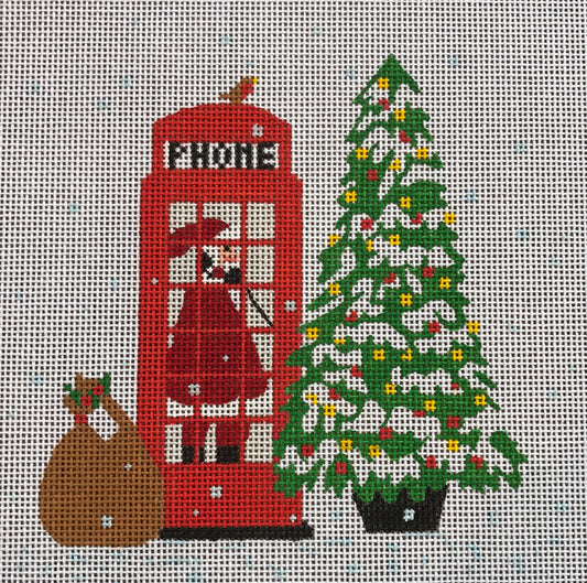 Santa in Phone Booth w/Tree