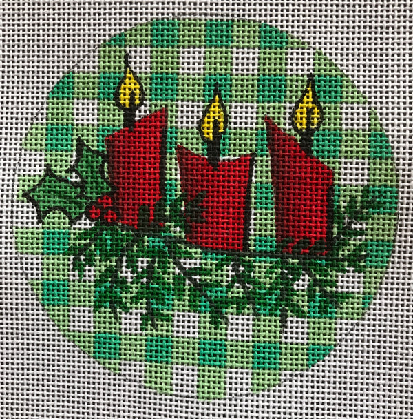 3 candles with holly on green gingham