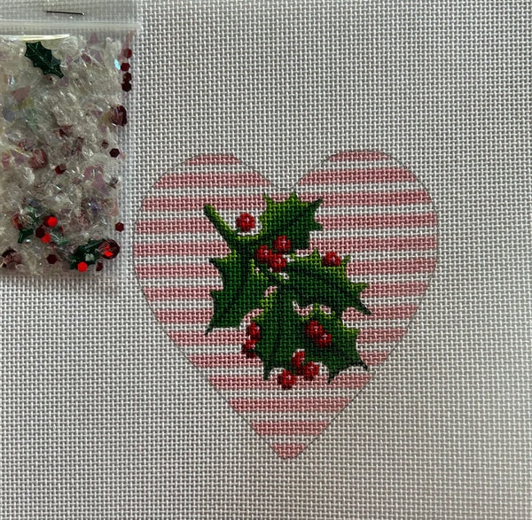 Heart Mini w/clear dome/confetti - Holly/Berries on Pink stripes