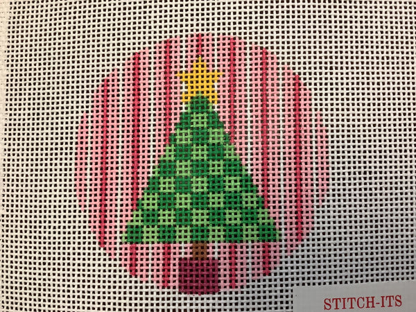 Green Check Tree on Pink Stripes