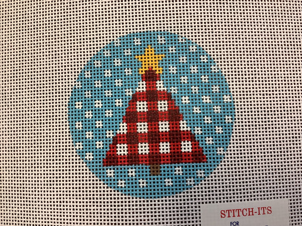 Red & White Plaid tree on Blue Dots