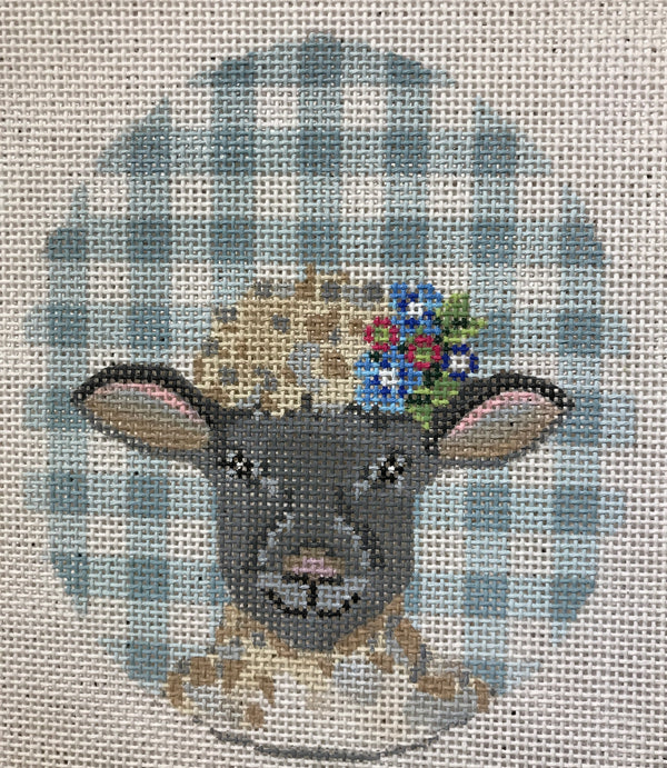Black Lamb w/ flower crown on aqua gingham