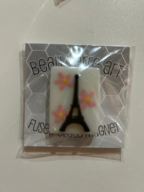 Fused Glass Needleminder - Eiffel Tower w/ Pink Flowers