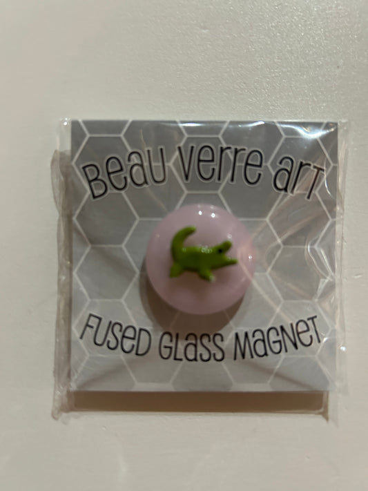 Fused Glass Needleminder - Green Alligator on Pink