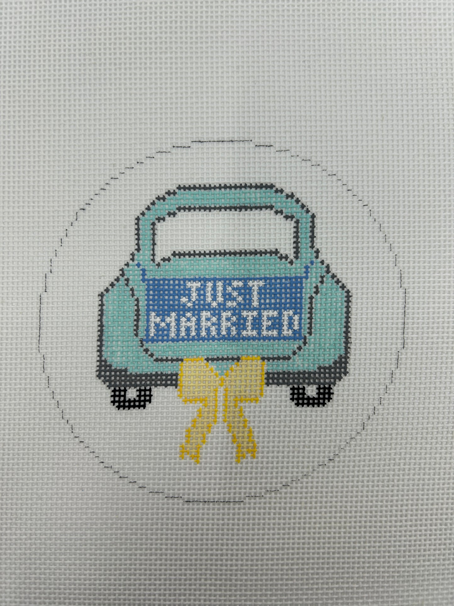 Just Married Teal Car Yellow Bow