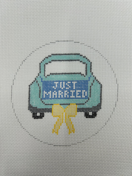 Just Married Teal Car Yellow Bow