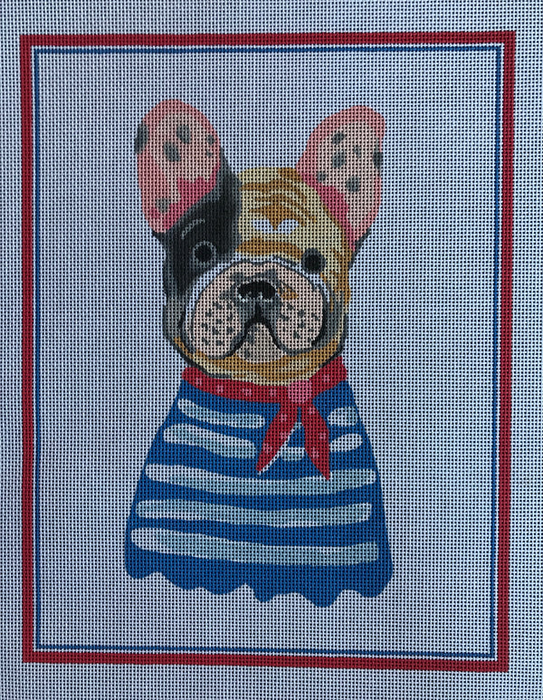 French Bulldog in Blue Striped Shirt
