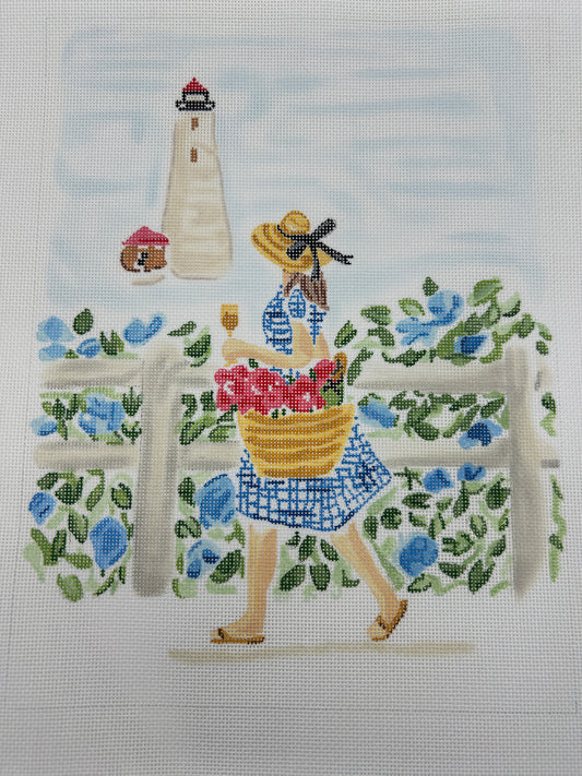 Summer Stroll - Blue Gingham Girl w/Champagne & Lighthouse