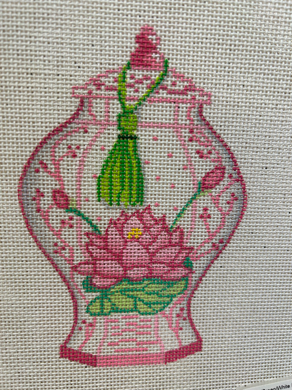 Tall Pink/Green/White Lotus Jar